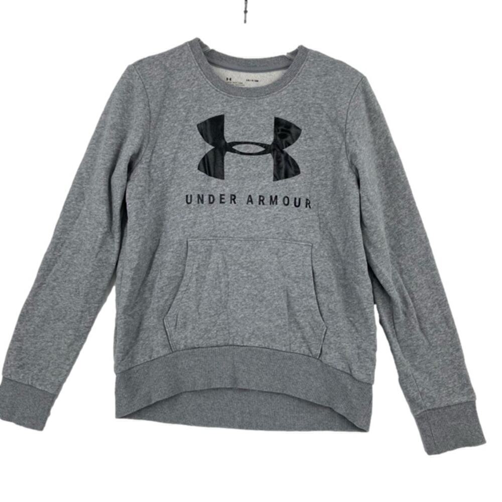 Under Armour Sweatshirt Womens Size L Gray Pullover Black Logo Ribbed Hem